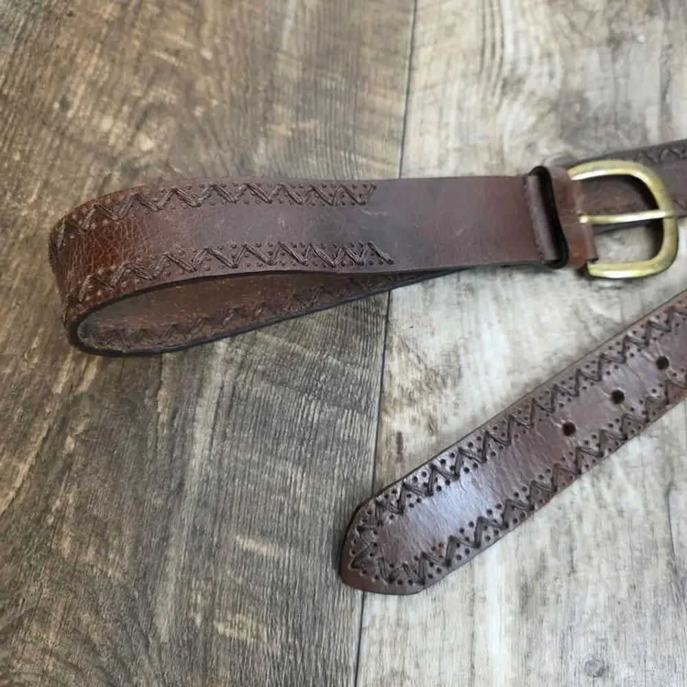 Vintage Brown Leather Zig Zag Stitched Belt Boho Western Distressed